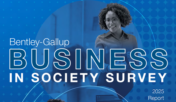 Report cover for the 2025 Bentley–Gallup Business in Society Survey, symbolizing the evolving relationship between business, trust, and public purpose in America